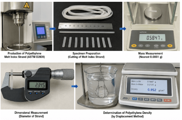 The image shows ASTM D2839 testing, including producing a polyethylene melt index strand, preparing the specimen, measuring mass and dimensions, and determining polyethylene density.