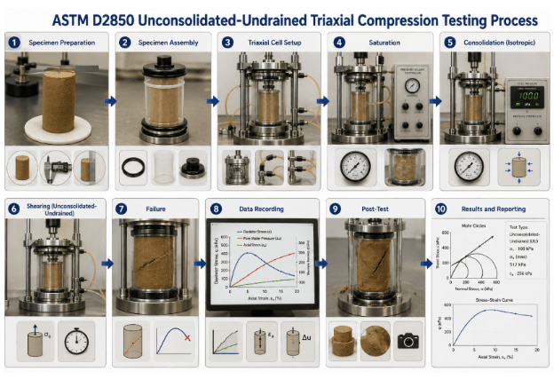 ASTM D2850 testing process showing cohesive soil specimen preparation, mounting in a triaxial cell, application of confining pressure, undrained axial loading, measurement of soil response, and recording of test results.