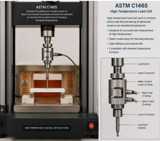 This image depicts a high-temperature load cell measuring applied force during constant stress-rate flexural testing of advanced ceramic specimens at elevated temperatures according to ASTM C1465.