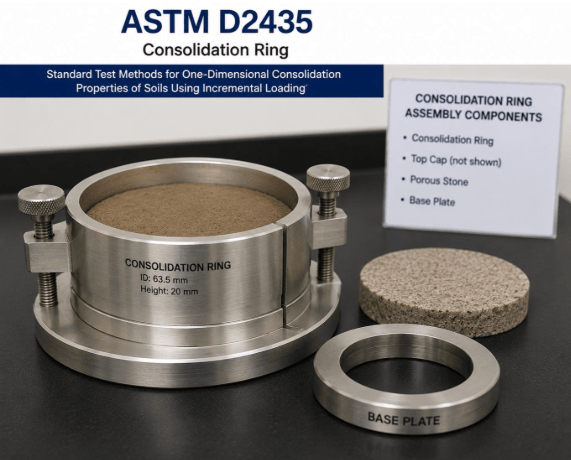 This image shows a consolidation ring used for one-dimensional consolidation testing as per ASTM D2435.