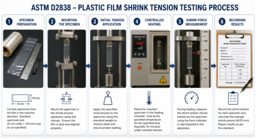 The image shows an ASTM D2838 testing process showing plastic film specimen preparation, mounting in the shrink tension apparatus, controlled heating, measurement of shrink force, and recording of test results.