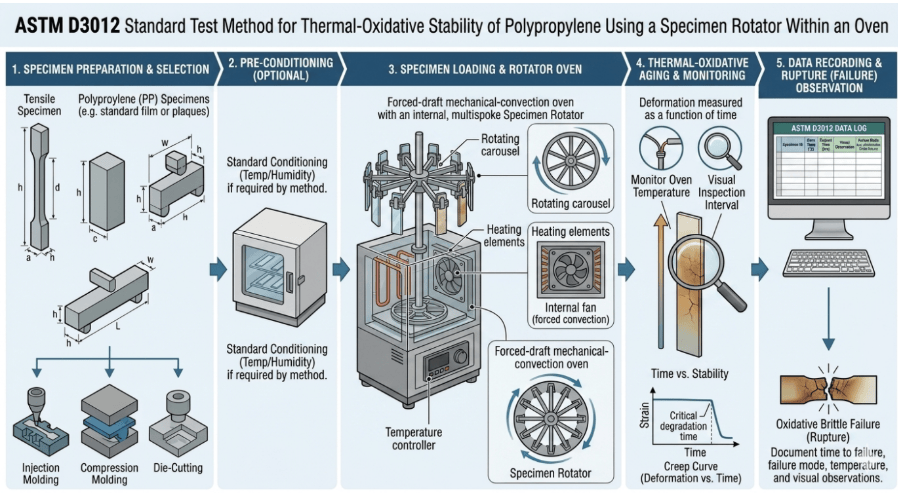 This image depicts a forced-draft mechanical-convection oven used to measure thermal-oxidative stability of polypropylene according to ASTM D3012.