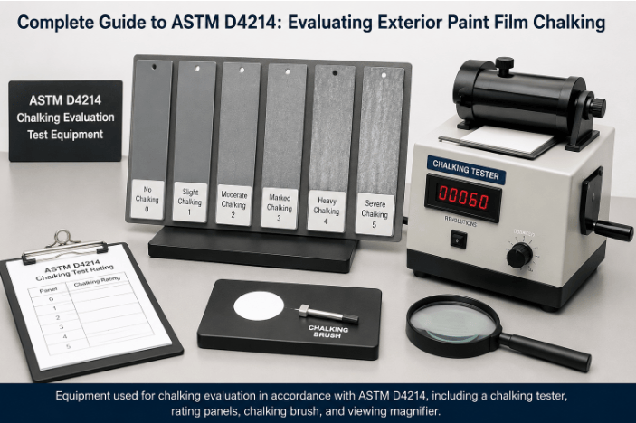The image shows laboratory equipment to evaluate the degree of chalking on exterior coatings according to ASTM D4214