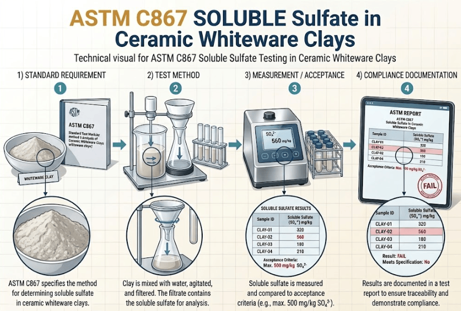 The image shows laboratory equipment used to extract and analyze soluble sulfate from a ceramic whiteware clay sample according to ASTM C867.