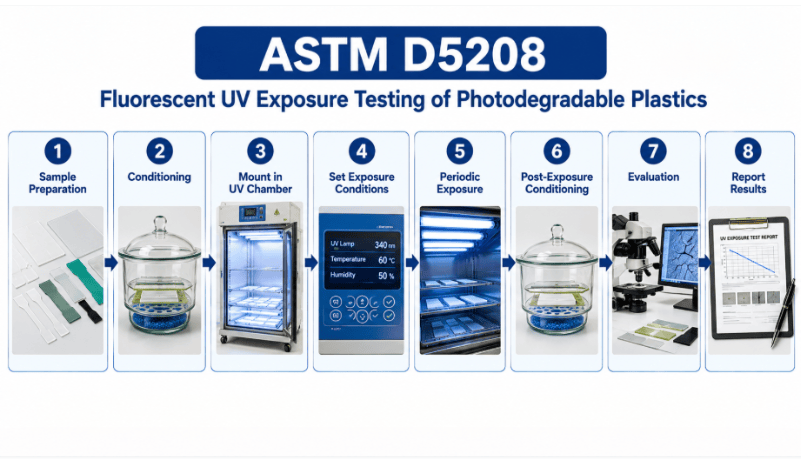  ASTM D5208 testing process showing photodegradable plastic specimen identification and preparation, placement in a fluorescent UV exposure apparatus, controlled ultraviolet radiation exposure, monitoring of exposure conditions, post-exposure specimen evaluation, and recording of test results.