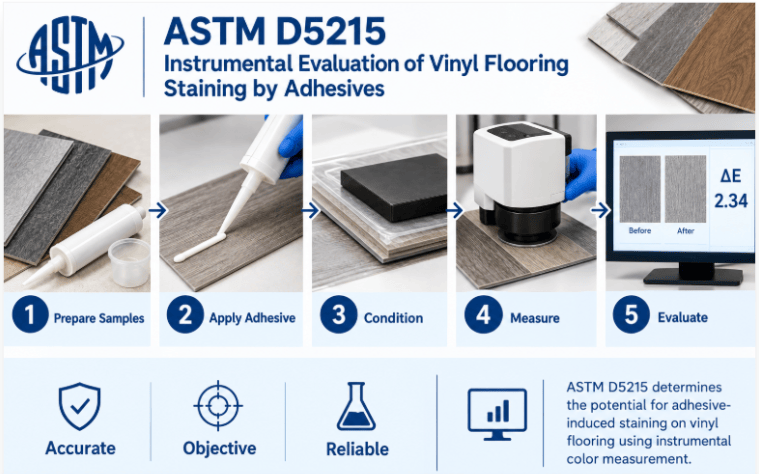 ASTM D5215 testing process showing vinyl flooring specimen preparation, adhesive application and controlled contact, exposure of the flooring specimen, instrumental measurement of the affected and reference areas, and recording of staining evaluation results.