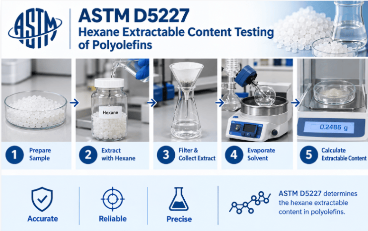 ASTM D5227 testing process showing polyolefin sample identification and preparation, initial specimen mass measurement, controlled hexane extraction, post-extraction mass determination, calculation of hexane extractable content, and recording of test results.