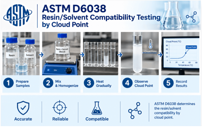 The image shows the ASTM D6038 testing process, resin and solvent identification, preparation of a homogeneous resin/solvent mixture, controlled temperature adjustment, measurement of cloud-point temperature, and recording of compatibility results.