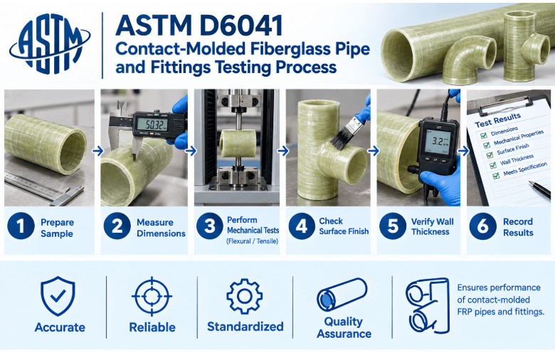 ASTM D6041 testing process showing identification of contact-molded fiberglass pipe and fittings, specimen preparation, visual inspection, dimensional measurement, applicable physical and mechanical property testing, data recording, and evaluation against specification requirements.