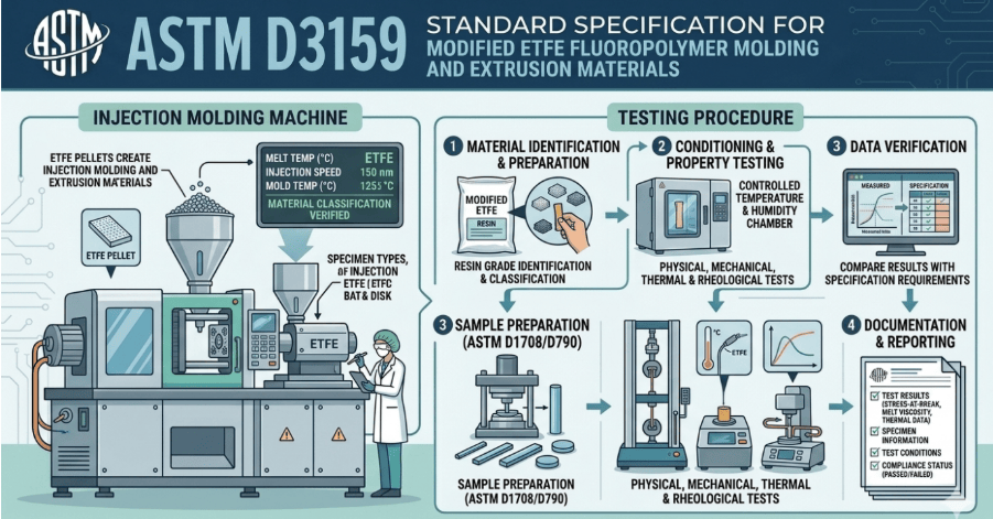 This image depicts an injection molding machine used to prepare ETFE molding as per ASTM D3159.