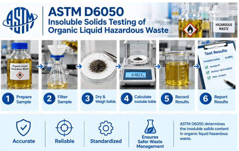  ASTM D6050 testing process showing organic liquid hazardous waste sample identification and preparation, separation of insoluble solids from the liquid sample, collection and measurement of separated solids, calculation of insoluble solids content, and recording of test results.