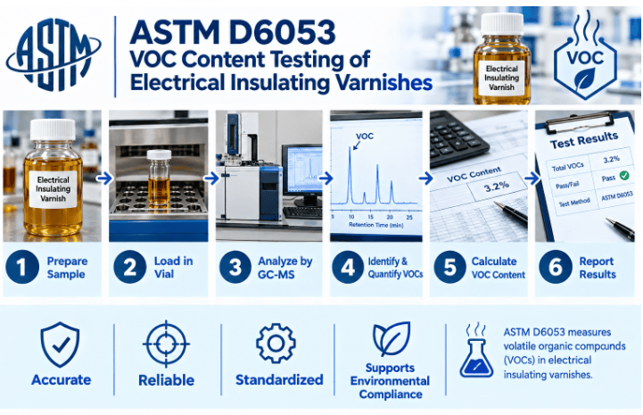 ASTM D6053 testing process showing electrical insulating varnish sample identification, representative sample preparation, controlled test conditioning, VOC measurement, data calculation, and reporting of volatile organic compound content.