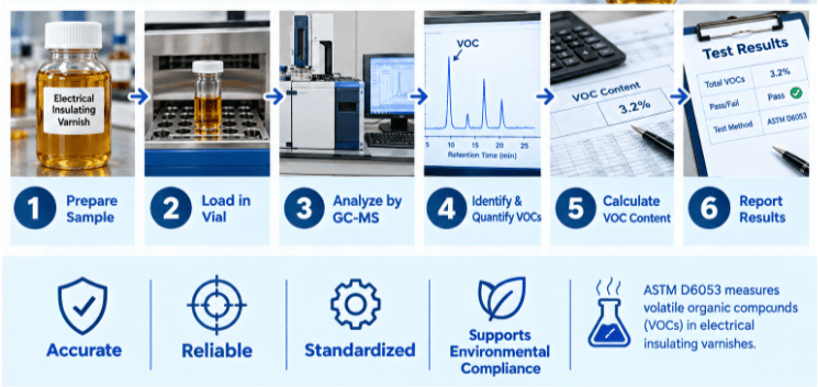 ASTM D6070 testing process showing smooth-wall polyethylene conduit sample identification, specimen preparation, physical-property and dimensional testing using calibrated equipment, recording of measurements, and evaluation of PE conduit results.