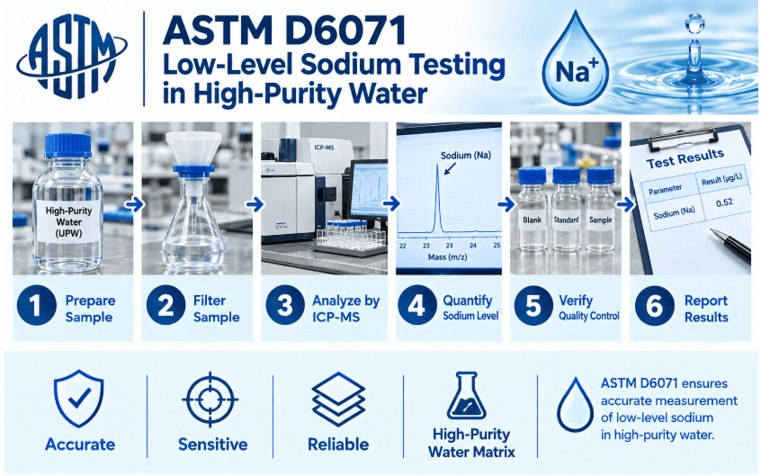 ASTM D6071 testing process showing high-purity water sample collection, contamination-controlled sample preparation, calibration standard preparation, graphite furnace atomic absorption spectroscopy analysis, sodium concentration calculation, and recording of test results.