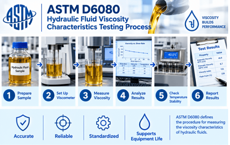 ASTM D6080 testing process showing hydraulic fluid sample identification, sample preparation, controlled temperature conditioning, viscosity measurement at applicable temperatures, analysis of viscosity-temperature data, and reporting of hydraulic fluid viscosity characteristics.