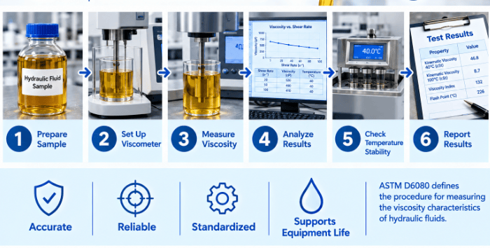 ASTM D6081 testing process showing lubricant sample identification, preparation of the lubricant for aquatic exposure, preparation of test media, controlled aquatic toxicity testing, monitoring of biological responses, and interpretation of test results.