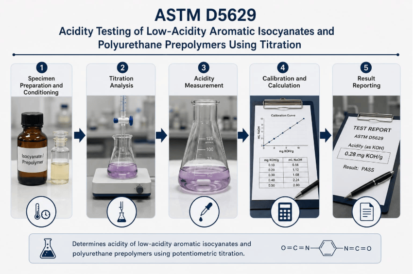 The image shows isocyanate acidity testing by titration, including specimen preparation and conditioning, titration analysis, acidity measurement, calibration and calculation, and result reporting.
