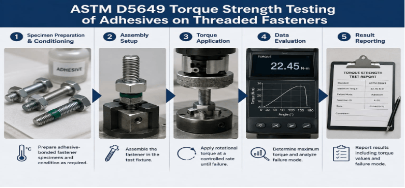 The image shows adhesive torque strength testing by rotational torque measurement, including specimen preparation and conditioning, assembly setup, torque application, data evaluation, and result reporting.