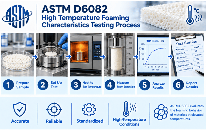 ASTM D6082 testing process showing lubricating-oil sample preparation, heating of the oil to a controlled high temperature, introduction of air into the oil, formation and measurement of foam, foam settling, and recording of test results.
