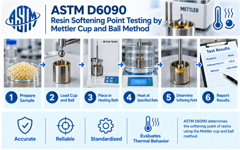  ASTM D6090 testing process showing resin sample identification and preparation, placement of the specimen in a Mettler cup, positioning of the ball, controlled heating of the resin, softening of the specimen, determination of the endpoint, and recording of the softening-point temperature.