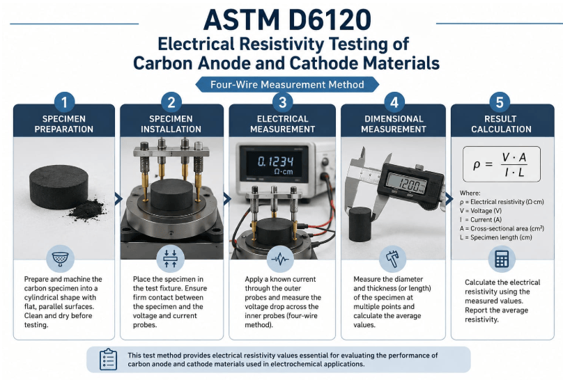  This image shows carbon anode and cathode electrical resistivity testing by four-wire measurement, including specimen preparation, specimen installation, electrical measurement, dimensional measurement, and result calculation.