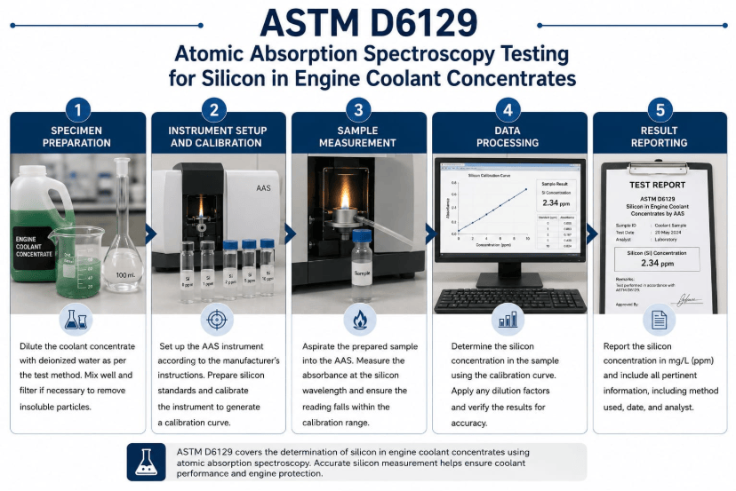 This infographic shows silicon determination in engine coolant by atomic absorption spectroscopy, including specimen preparation, instrument setup and calibration, sample measurement, data processing, and result reporting.