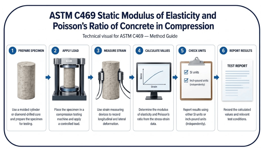  The image shows the ASTM C469 sequence, from mounting strain gauges on a concrete cylinder through compressive loading and calculation of modulus of elasticity and Poisson’s ratio.