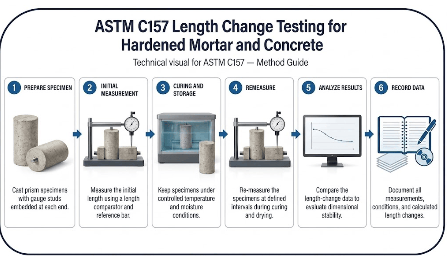 The image shows the ASTM C157 length-change testing sequence for mortar and concrete from specimen casting to length measurements.