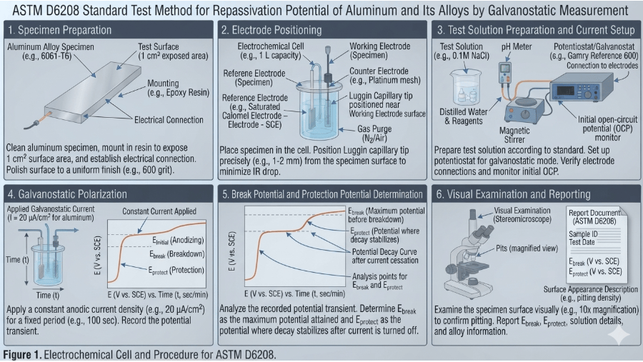 This image depicts an electrochemical cell used to determine the repassivation potential of aluminum as per ASTM D6206.