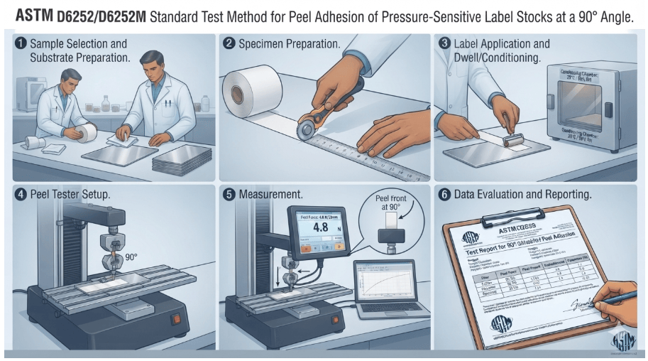 This image shows the test method for peel adhesion of pressure-sensitive label stocks at a 90° angle used to determine tensile strength as per ASTM D6252.