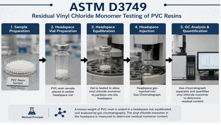 The image depicts a PVC resin sample being prepared in a sealed headspace vial and analyzed by gas chromatography to determine residual vinyl chloride monomer according to ASTM D3749.
