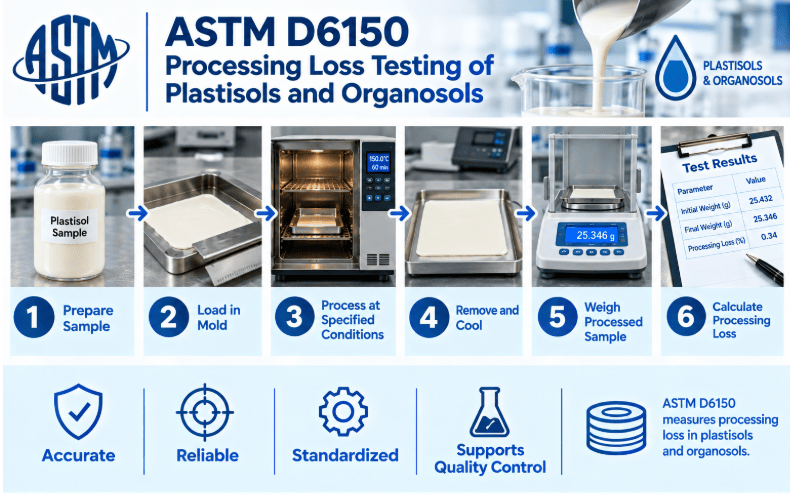 The image shows an ASTM D6150 testing process showing plastisol or organosol sample identification, specimen preparation, initial mass measurement, controlled heating exposure, final mass measurement, calculation of volatility-related processing loss, and recording of test results.