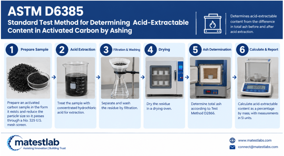 
The image displays activated carbon being prepared, acid-extracted, filtered, and evaluated by the ash determination of ASTM D6385 testing.
