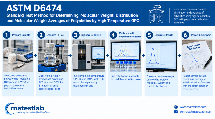 The image shows a high-temperature gel permeation chromatography system analyzing a dissolved polyolefin sample under ASTM D6474.
