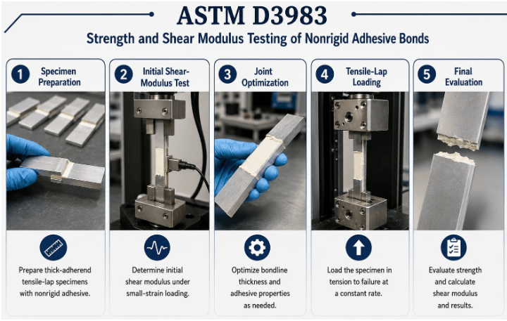 This image shows a thick-adherend tensile-lap specimen undergoing ASTM D3983 testing. The process illustrates Specimen Preparation, Initial Shear-Modulus Test, Joint Optimization, Tensile-Lap Loading, and Final Evaluation.
