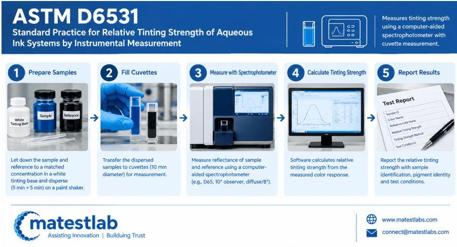  The image shows a water-based ink sample in a cuvette undergoing spectrophotometric tinting strength measurement under ASTM D6531