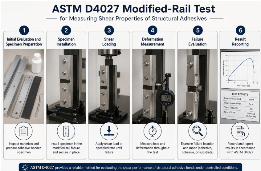 This image shows a structural adhesive specimen installed in a modified-rail shear test apparatus according to ASTM D4027. 