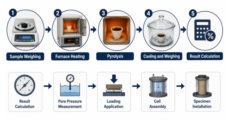 The image depicts the five-step process for determining carbon black content in polyethylene compounds using the ASTM D4218 muffle-furnace technique, including sample weighing, furnace heating, pyrolysis, cooling and weighing, and result calculation. 