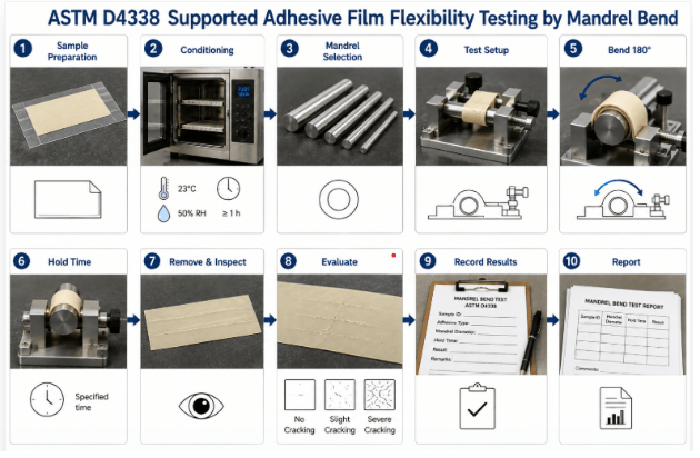  The image shows the ASTM D4339 testing process, adhesive sample identification and preparation, controlled conditioning or exposure, odor evaluation by qualified evaluators, recording of observations, and reporting of adhesive odor characteristics.