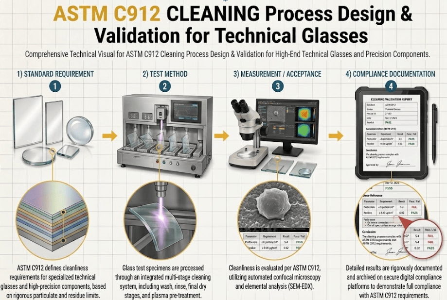  The image shows laboratory equipment and technical glass specimens undergoing a controlled cleaning process developed according to ASTM C912 guidance.