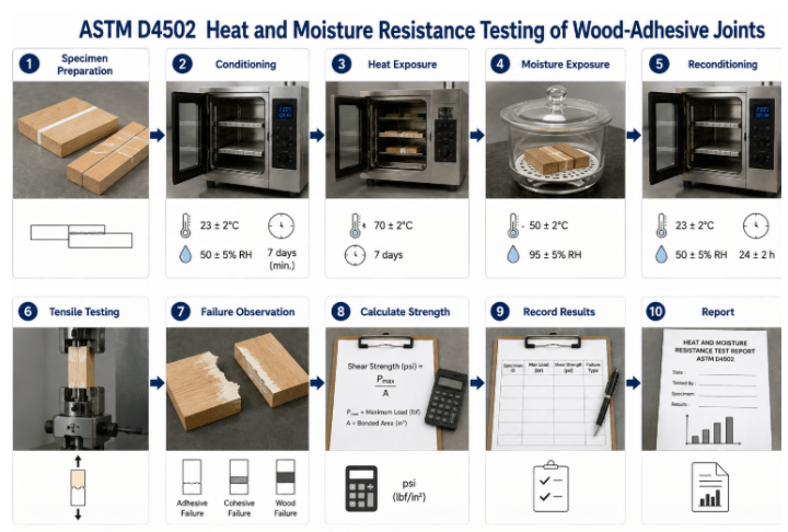 The image shows the ASTM D4502 testing process, bonded wood specimen preparation, inspection of adhesive joints, controlled heat and moisture exposure, evaluation of joint condition after exposure, and recording of test results.