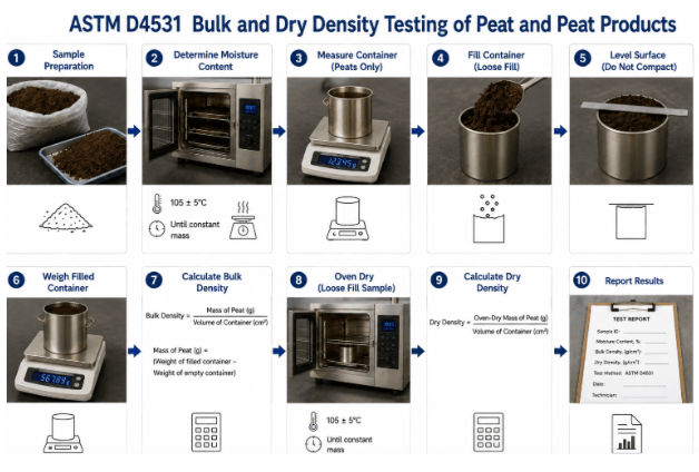 ASTM D4531 testing process showing peat sample identification and preparation, specimen mass and volume measurement, drying for dry-mass determination, calculation of bulk and dry density, and recording of test results.