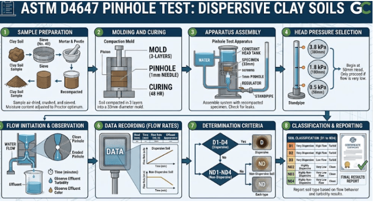  ASTM D4647 testing process showing clay soil specimen preparation and compaction, formation of a pinhole, controlled water flow through the specimen, observation of soil erosion and effluent, and classification of dispersive soil behavior.