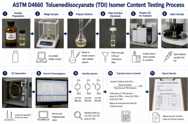  ASTM D4660 testing process showing TDI sample identification and preparation, analytical system preparation, separation and analysis of applicable toluenediisocyanate isomers, recording of analytical data, and calculation of isomer-content results.