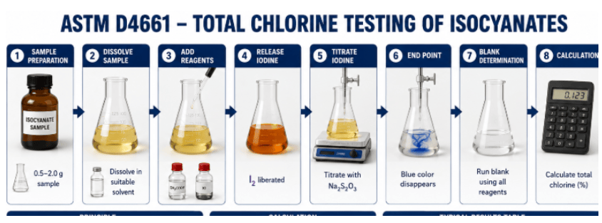 ASTM D4661 testing process showing isocyanate sample identification and preparation, analytical system preparation, total chlorine analysis, recording of analytical measurements, and calculation of total chlorine results.