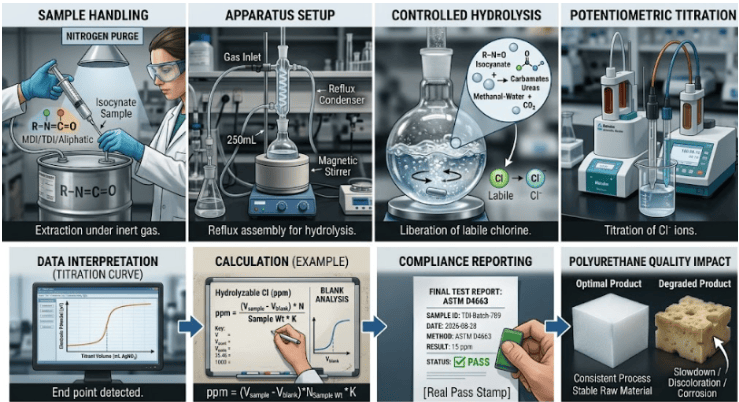ASTM D4663 testing process showing isocyanate sample identification and preparation, hydrolysis-system preparation, controlled hydrolysis of the sample, analytical measurement of hydrolyzable chlorine, and recording of test results.