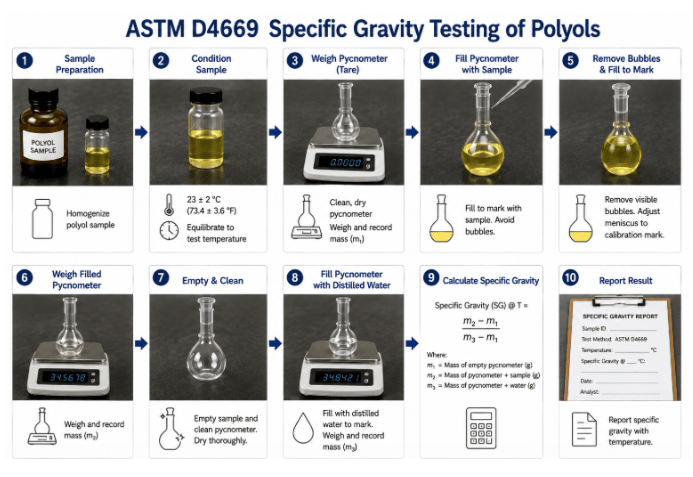 ASTM D4669 testing process showing polyol sample identification and preparation, controlled temperature conditioning, specific gravity measurement using suitable calibrated equipment, data recording, and calculation of the specific gravity result.