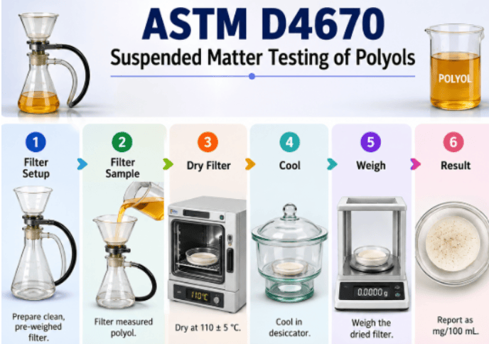 ASTM D4670 testing process showing polyol sample identification and preparation, processing through suitable separation equipment, isolation of suspended matter, measurement of the separated material, and recording of suspended matter results.