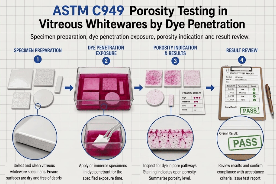 The image shows laboratory equipment and vitreous whiteware specimens undergoing dye penetration analysis to evaluate surface-connected porosity according to ASTM C949.