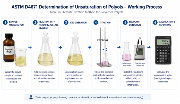 This image shows the ASTM D4671 testing process for determining unsaturation in polyether polyols, showing sample preparation, mercuric acetate reaction, acid liberation, titration, endpoint detection, and final calculation and reporting. 